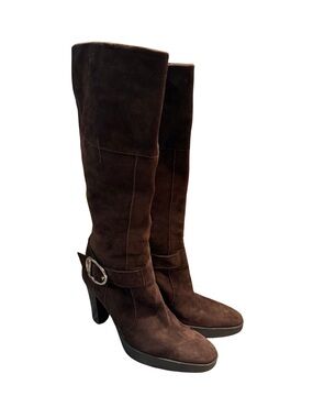 Tod’s Chocolate Brown Suede Heeled Riding Boots with Buckle Detail